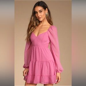 Lulu's Longing And Love Pink Swiss Dot Puff Long Sleeve Mini Dress